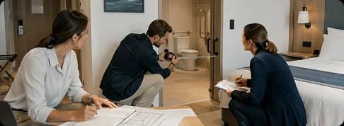 Equipo técnico realizando un estudio integral de accesibilidad en una habitación de hotel