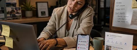 Professionnelle gérant les canaux numériques et Google Business Profile