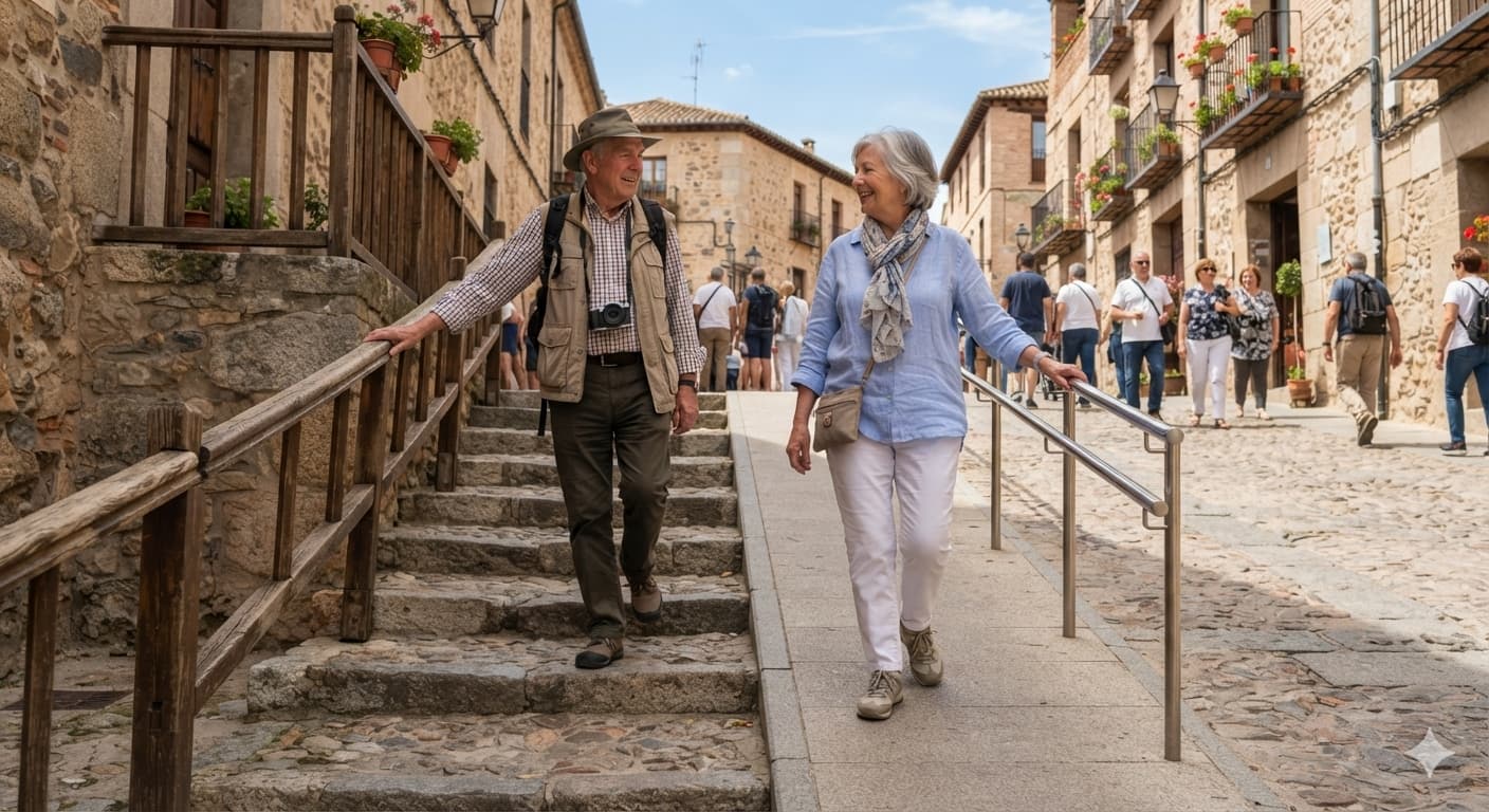 Pareja de personas mayores recorriendo un destino turístico accesible